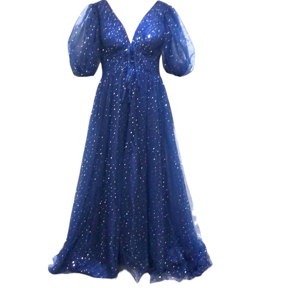 Vintage Maxi Dress Size Large Navy Blue Silver Star Moon